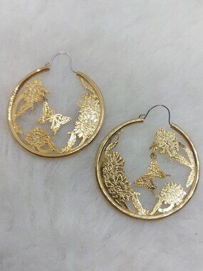 Gold-Tone Hoop Earrings with Intricate Butterfly and Floral Cutouts